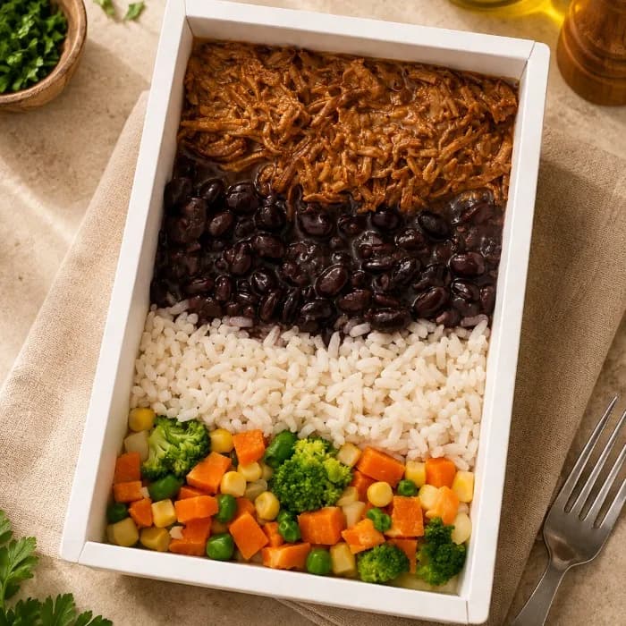 Carne Desfiada, Arroz Integral, Feijão e Seleta de legumes
